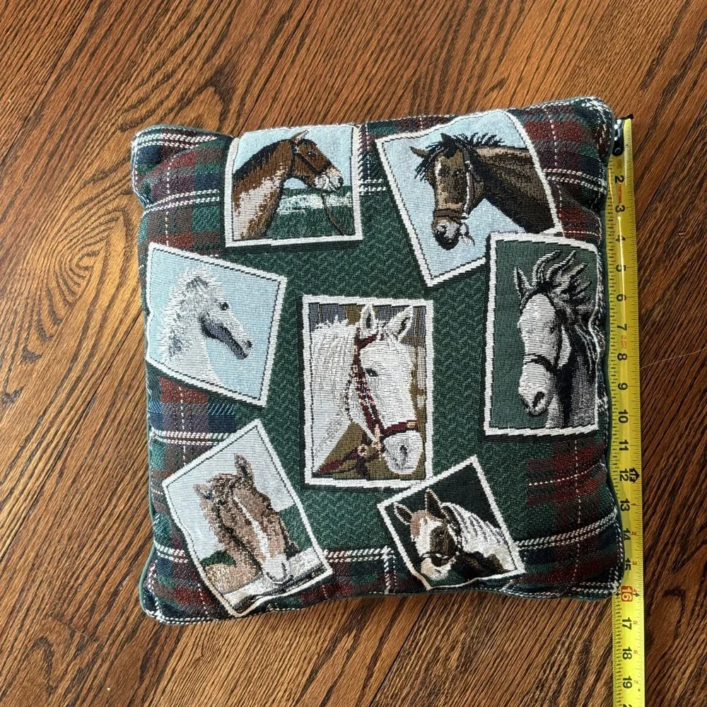 VTG Horses Tapestry Throw Pillow Collage Green‎ Tartan Plaid Equestrian 16